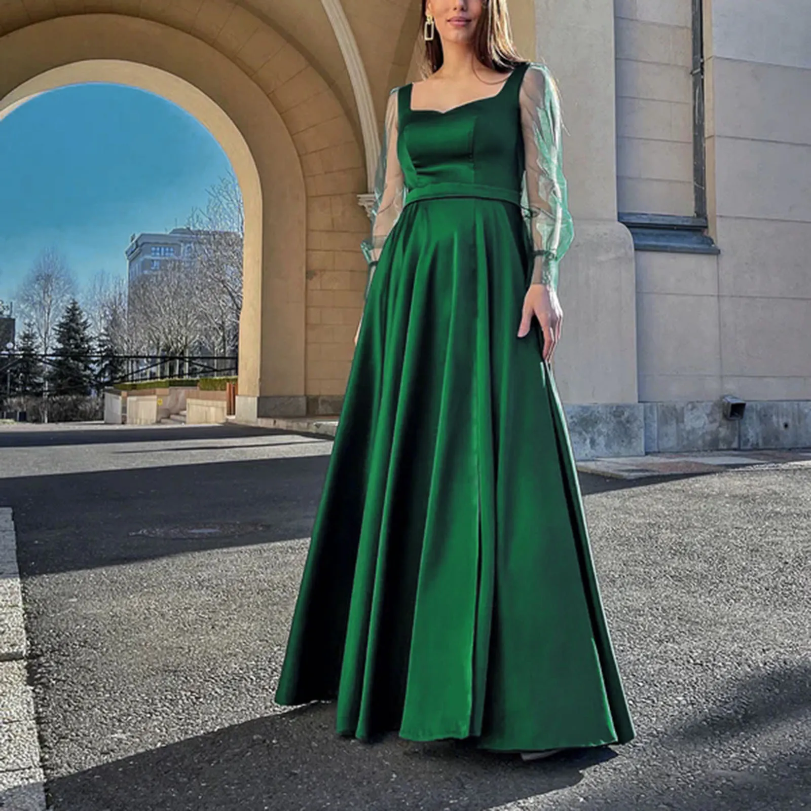 Vestidos de Fiesta elegantes para mujer, Color sólido, manga larga de malla, cuello cuadrado, corte en A, abertura lateral, Maxi verde, vestidos de graduación elegantes