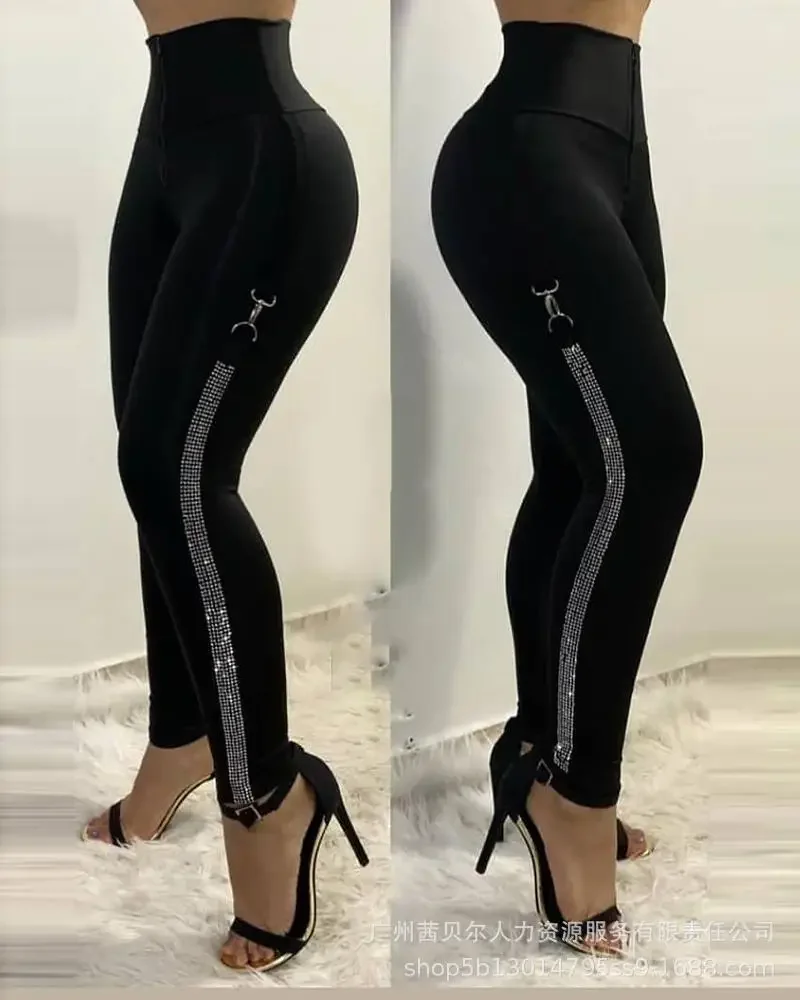 

Black Skinny Pants Sexy Women High Waist Rhinestone Webbing Tight Trousers Zipper Sexy Streetwear Pants Bottom