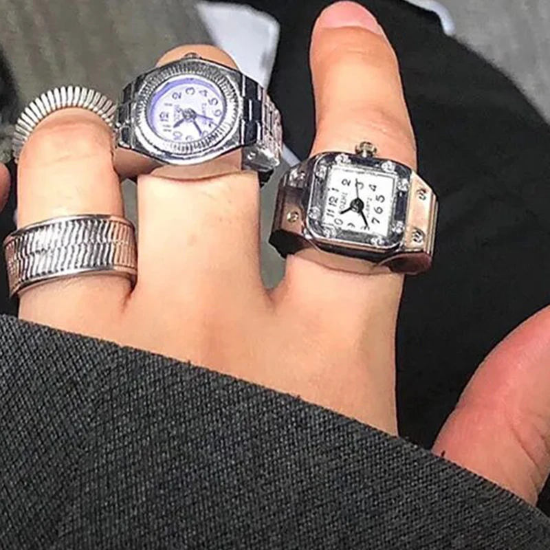 Y2K Punk Quartz Watch Rings for Couple Women Man Hip Hop Mini Elastic Stretchy Watches Finger Ring Retro Fashion Jewelry Gift