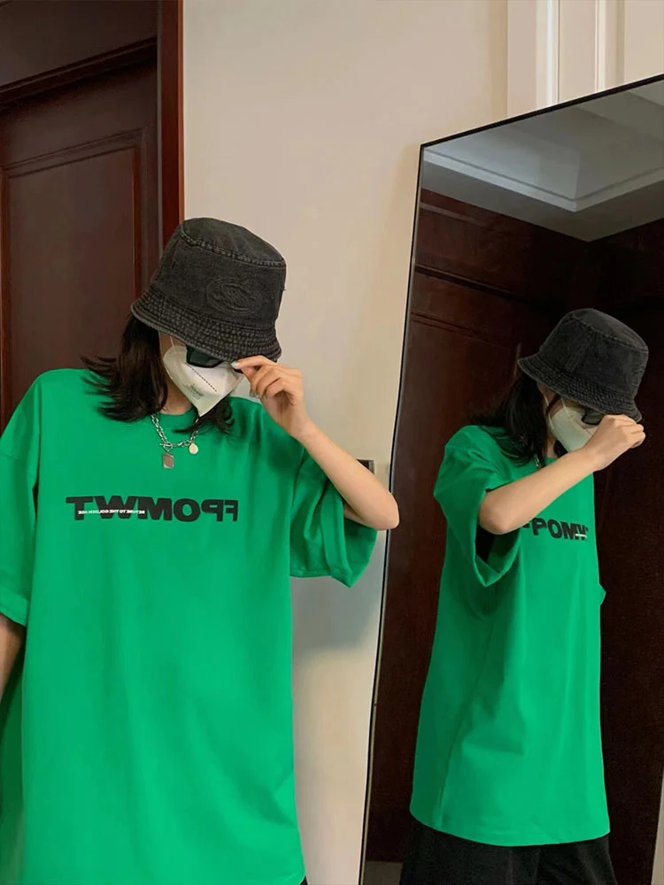 Plus Size Chic Green Short Sleeve T-Shirt Women\'s Loose Printed Summer Top Couple\'s Matching Hong Kong Style Korean Basic Design
