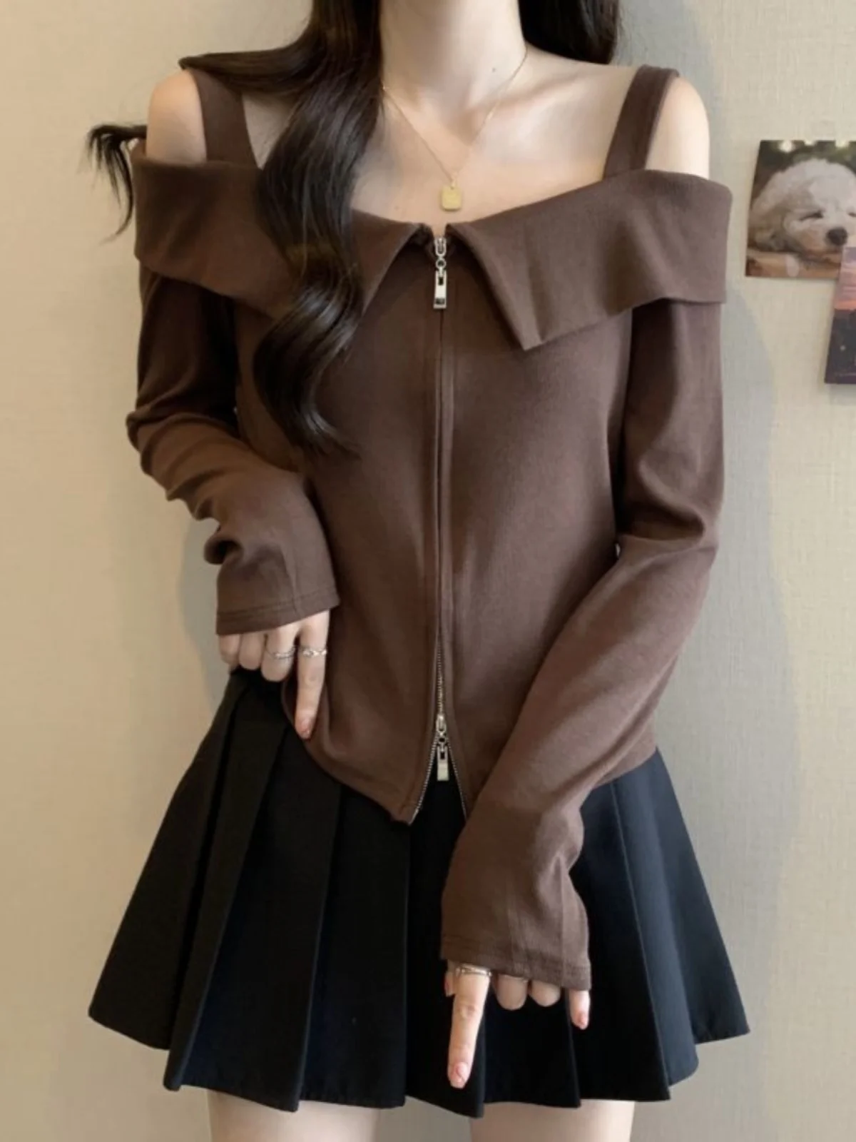 

Slimming Long Sleeve Knitted Top with Double Zipper for Women Early Spring plus Size Beautiful Strapless Cardigan Korean Style