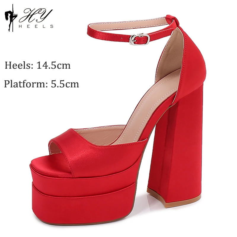 Popuar Brand Block Heel Sandals Girls Cool Platform Luxury Satin Fish Toe Ladies Heeled Wedding Party Shoes for Women