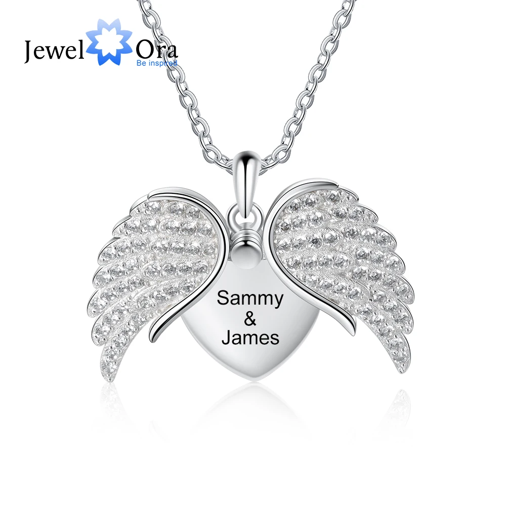 JewelOra Customized Full Zirconia Paved Angel Wing Pendants Personalized Engraved Couple Name Necklace Wedding Christmas Gifts