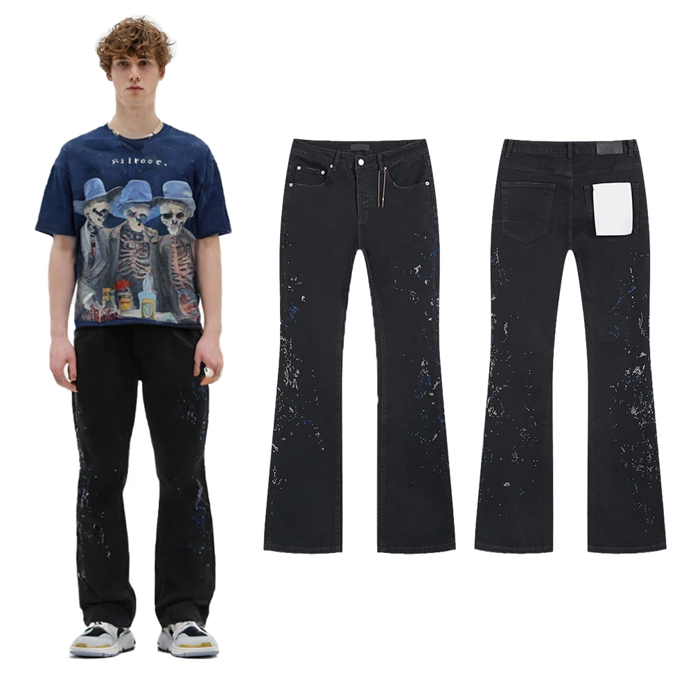 

Мужские джинсы Y2K Baggy с стразами, в стиле хип-хоп, уличный стиль, хлопковые, повседневные, ретро, черные, расклешенные, в стиле рок-ревайвл