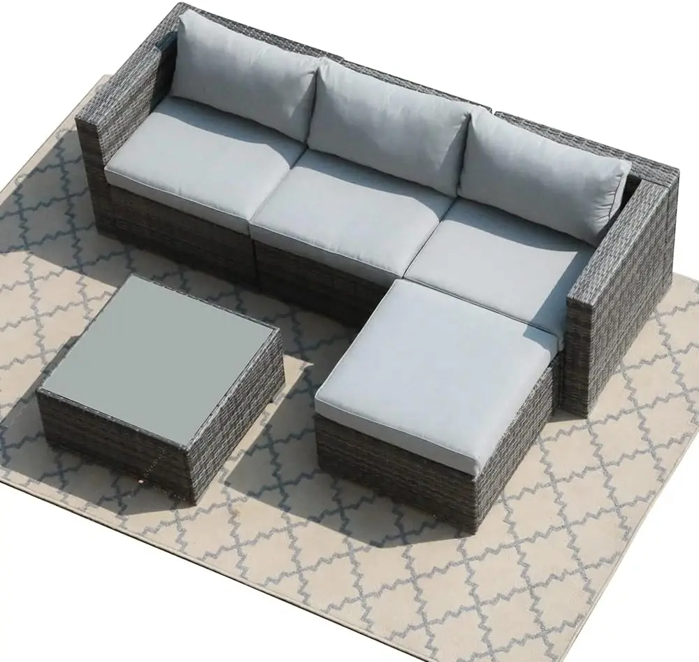 Outdoor Patio Móveis Set, PE Wicker Rattan, ao ar livre secional, Conversa Set com Almofadas e Mesa, Steel Frame, 5 pcs