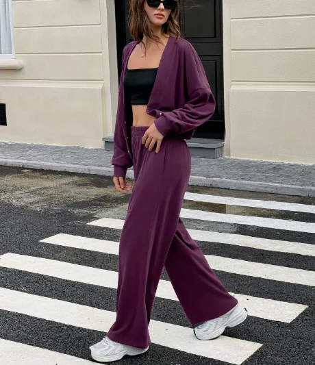 2025 بلون الخامس الرقبة طويلة الأكمام بلوزات و عالية الخصر مستقيم الساق السراويل مجموعة لخريف المرأة عادية فضفاض 2 قطعة مجموعة