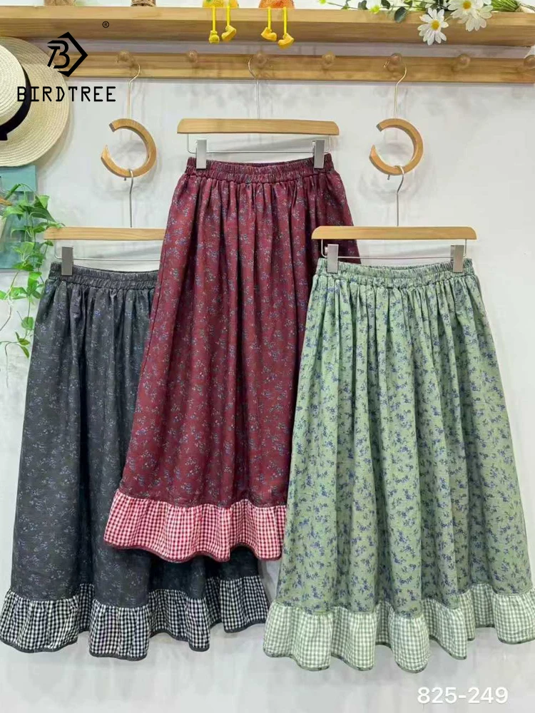 

New 2025 Autumn Cotton Skirt, Women Elastic Waist Print Ruffles Patchwork, Mori Girl French Retro Loose A-line Skirt B59628CC