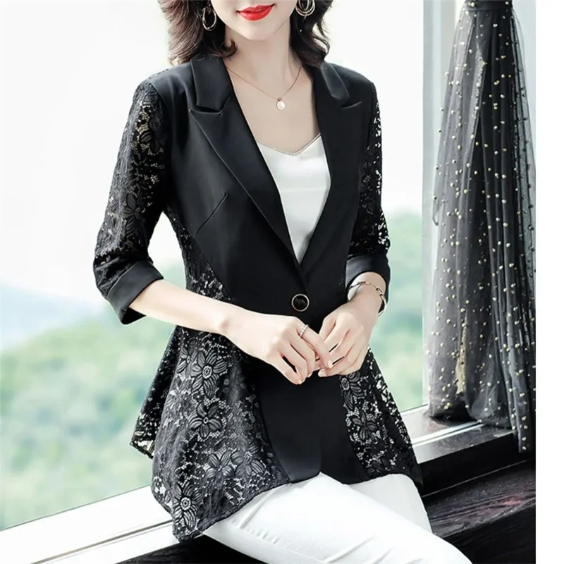 Lace Splicing Fashion Black Thin Suit Jacket Women's Blazer 2024 Summer New Slim Hollow Out Casual Coat Outerwear Female