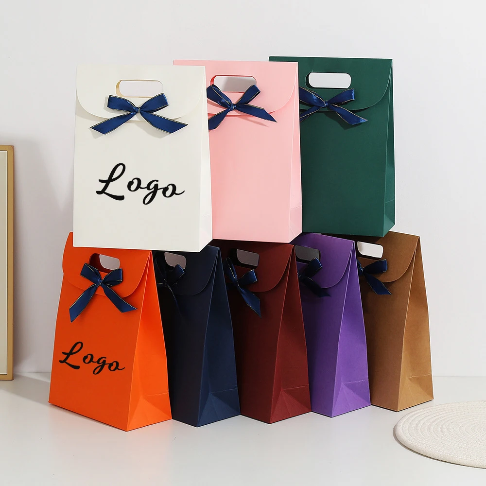 

Custom Logo New Flap Tote Bag Ribbon Bow Gift Blue Bowknot Christmas Party Wedding Candy Paper Bags Exquisite Jewelry Packing