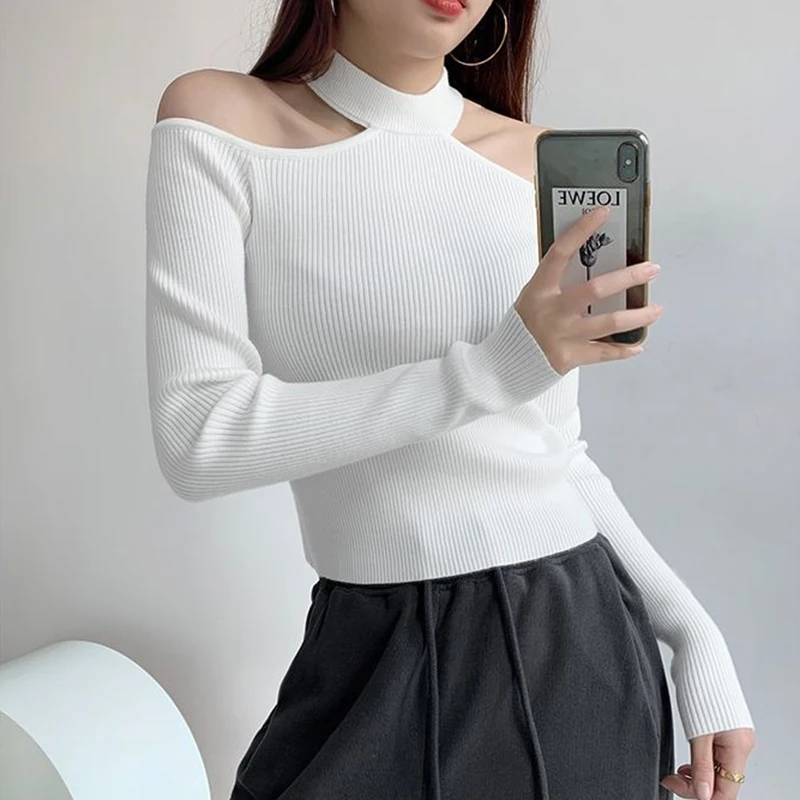 Suéter negro Sexy de punto con hombros descubiertos Y2K Harajuku, Jersey informal ajustado calado, ropa de calle firme para mujer, Jersey de punto con cuello redondo