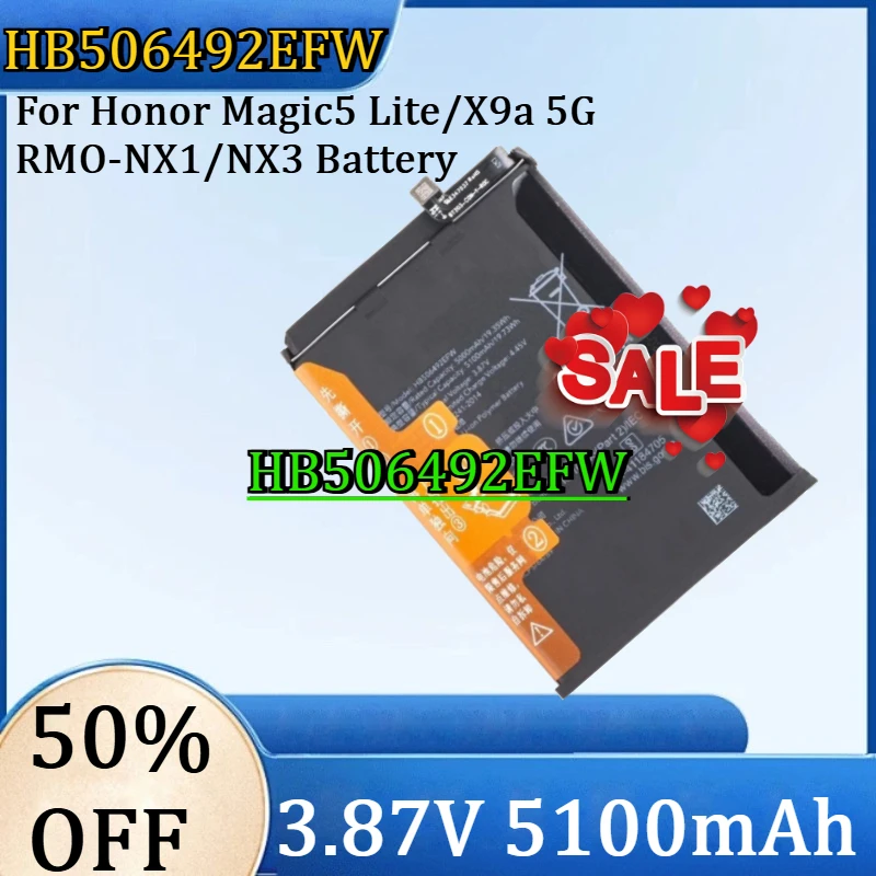 

For Honor Magic5 Lite/X9a 5G RMO-NX1/NX3 HB506492EFW Battery New HB506492EFW 3.87V 5100mAh High Quality Battery