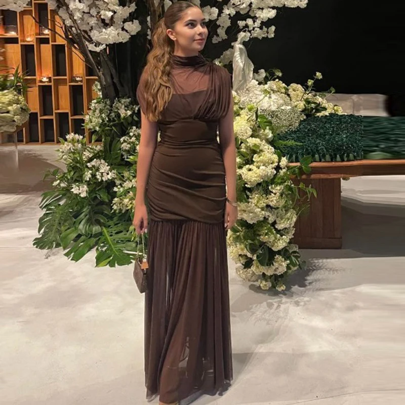 Robes plissées marron pour femmes HXAO, robes de soirée moulantes en tulle, robes maxi sexy semi-transparentes en maille, robe de cocktail élégante sans manches