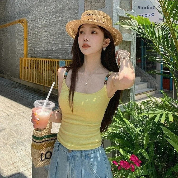 Summer New Sweet Bead oulder Strap Design ter Vest Slim Fit Inteated Chest Pad Versatile Top Women's Cotton U-ne Vest