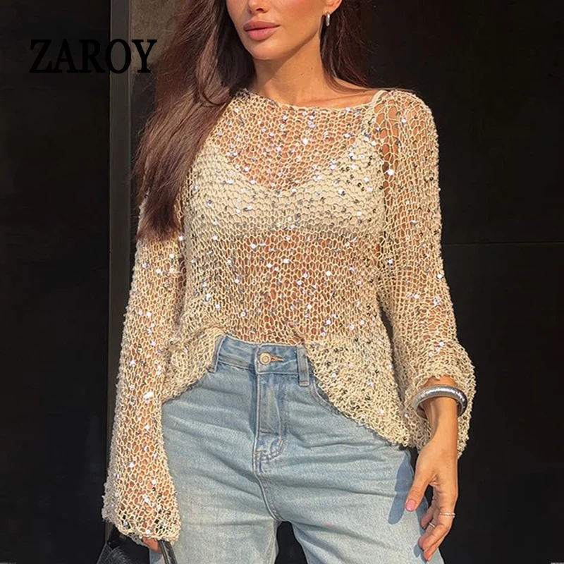 

ZAROY 2025 Spring New Women Sequins Knit Hollow Out Pullovers Casual Loose Long Sleeve O Neck Shinny Crochet Cover-up Blouses