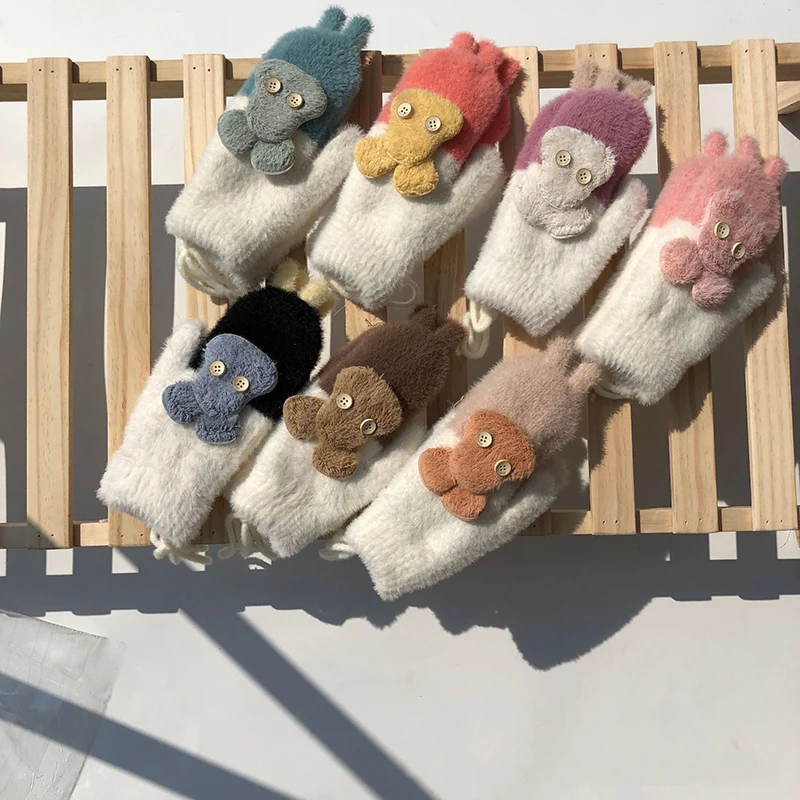

Winter Plus Velvet Thicker Gloves Cartoon Hanging Neck Knitting Youth Students Mittens Women Warm Cycling Gloves Cute Gifts T194