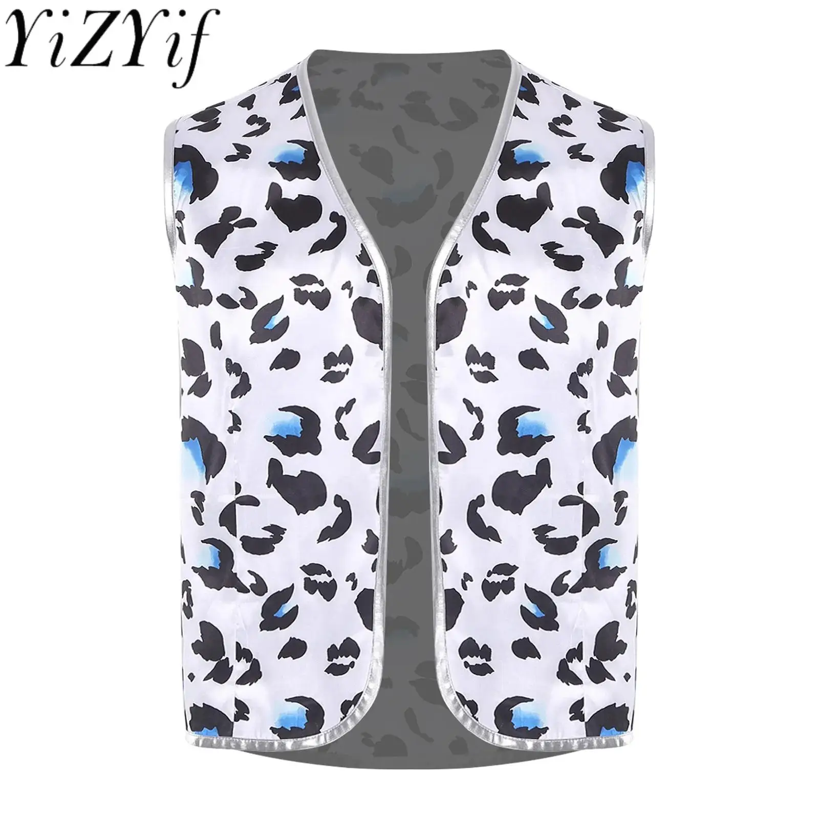 

Men Stylish Cow Print Vest Cardigan Halloween Western Cowboy Cosplay Vests Sleeveless Metallic Trim Waistcoat for Party Raves