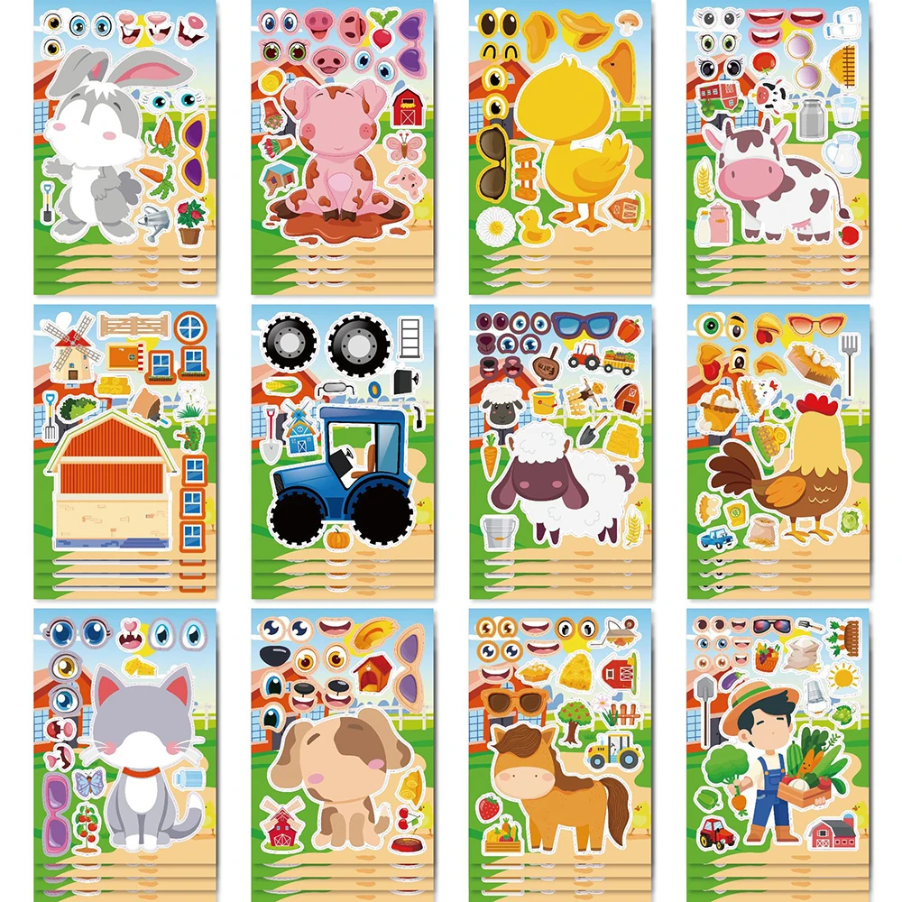 6/12 feuilles enfants bricolage animaux de ferme faire un visage Puzzle autocollants créer votre propre vache chien lapin assembler Puzzle décoration jouets