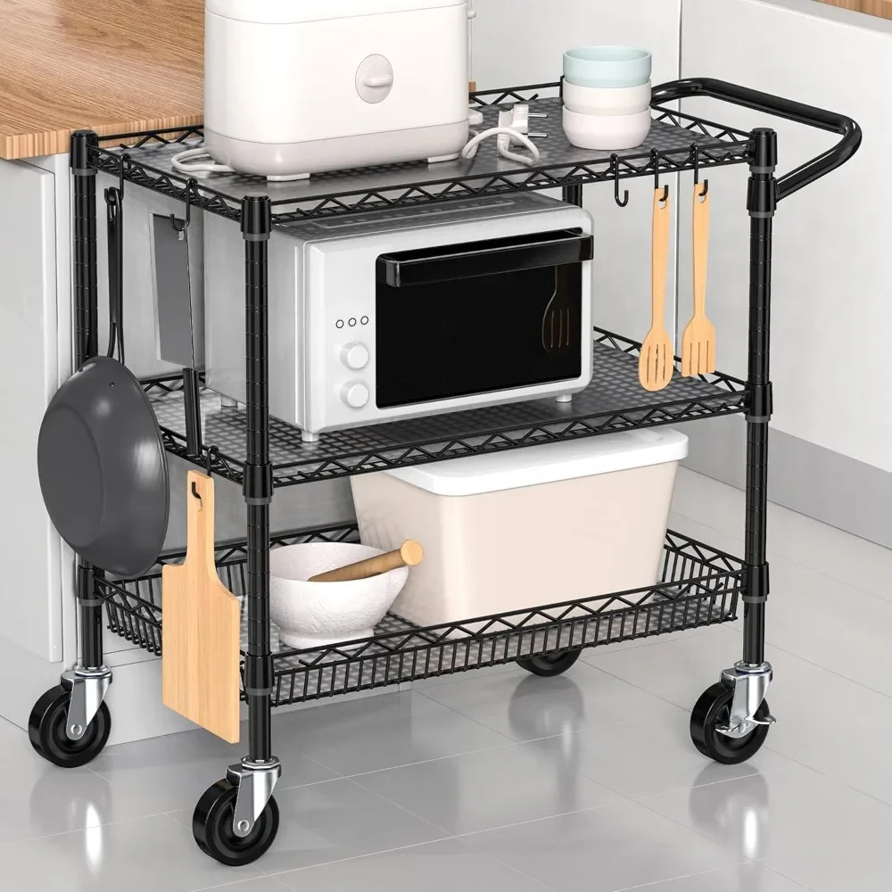 

Heavy Duty Rolling Cart with Wheels, 3 Tier Commercial Grade Utility Cart Metal Kitchen Storage Trolley Wire Cart Food Storage C