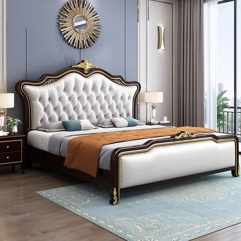 Designer Royal Double Bed European Whitr Villa Headboard Twin Bed Frame Wood Multifunctional Letto Matrimoniale Furniture