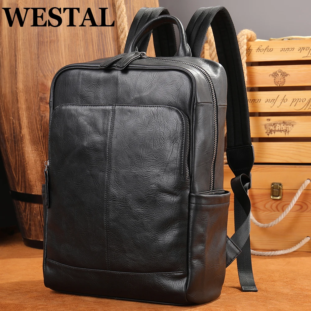 WESTAL Genuine Leather Laptop Backpack Men's Computer Bag 14 Inch Notebook Executive Business Large Capacity Shoolbag For Boy