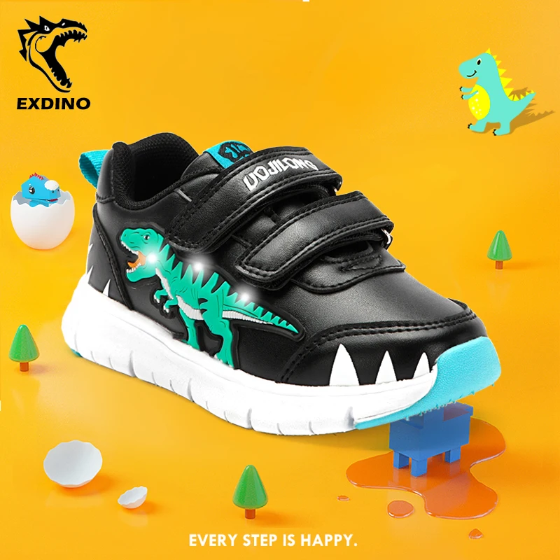 EXDINO T-REX Children\'s Sneakers Leather New Little Kids LED Light Up for Boys Girls Flashing Dinosaur Casual Sports Shoes 24-31