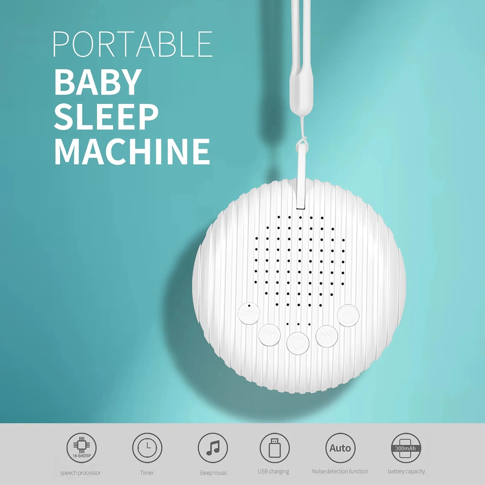 Machine Portable à Son Blanc pour le Sommeil de Bébé, Volume Réglable, avec Batterie Rechargeable spatirée, 10 Chansons