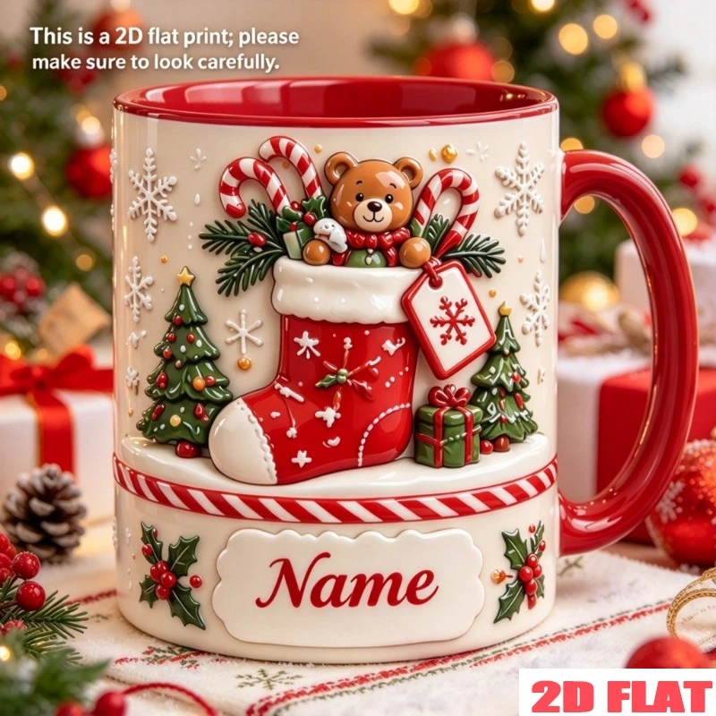 Personalized 2D Printed Christmas Stocking Mug 11oz Ceramic Coffee Cup Custom Name Text Bear Candy Cane Snowflake Microwave Safe