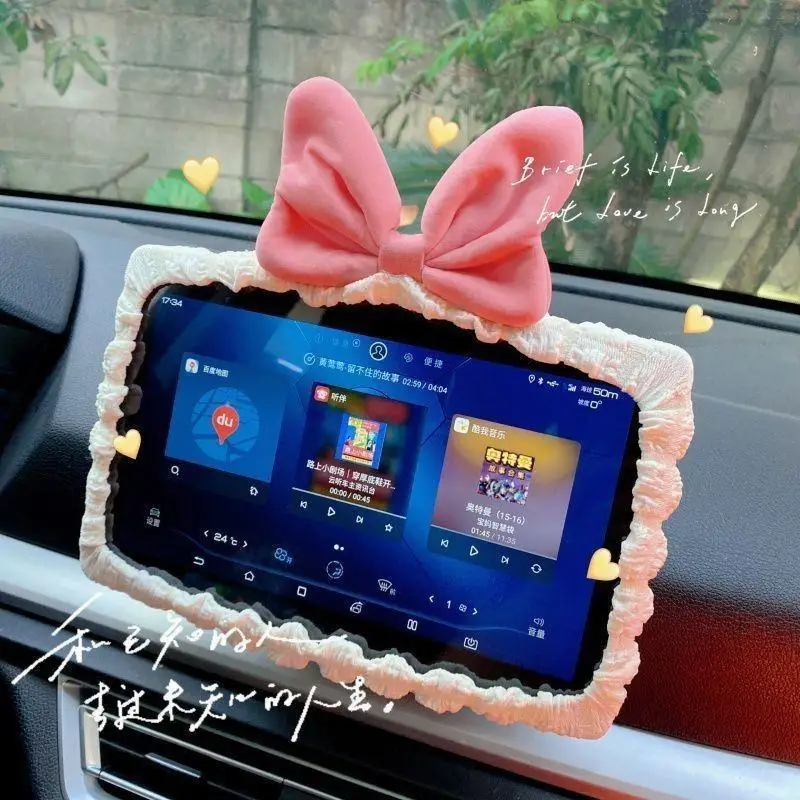 Universal Car Touch Screen Bow Decor Cloth Cover Rear View Mirror Ornament Cute Car Accessory Gift For Girls