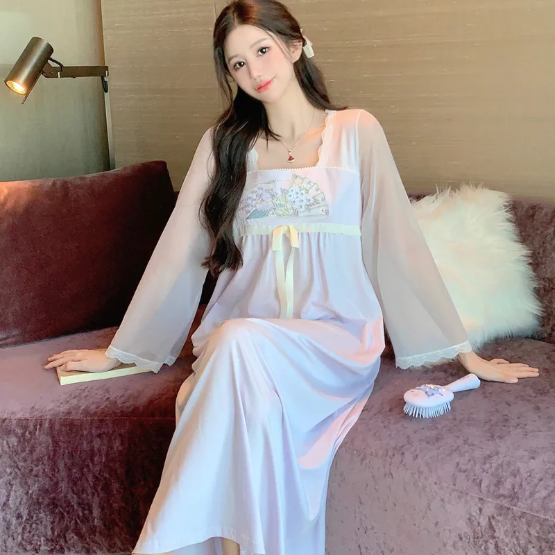 New Chinese Style Pajamas Spring Thin Modal Sleepwear Square Neck Hanfu Long Sleeved Nightgown Sweet Home Suit Women's Clothing