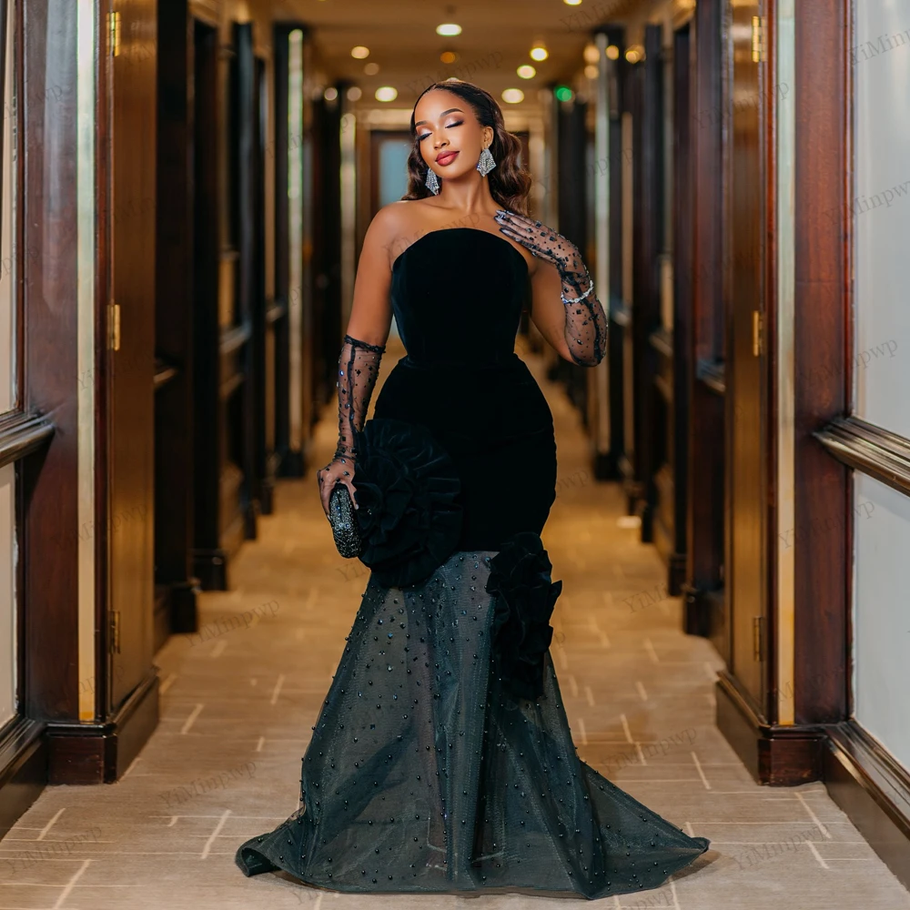 Velvet Diamond Aso Ebi Evening Dresses With Flowers Strapless Beaded Mermaid Birthday Dresses Baddie Black Girl Customized