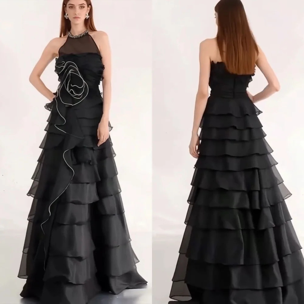 

Customized Intricate Pleat Tiered Handmade Flower Beading Sequined A-line High Collar Long Dresses Bespoke Occasion Dresses Sexy