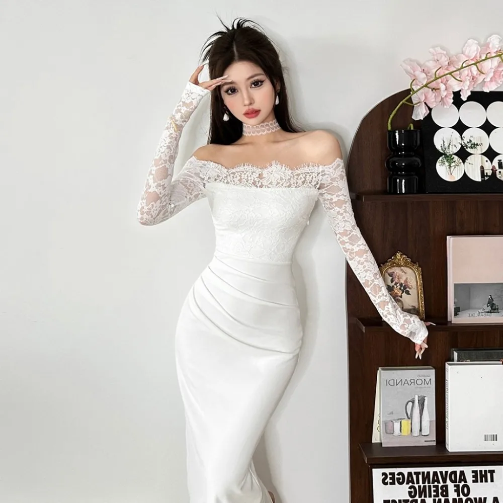 SylCue Abiti lunghi patchwork in pizzo Donna Autunno Nuovo stile Slash Neck Manica intera Serata Prom Party Abiti skinny moda sexy