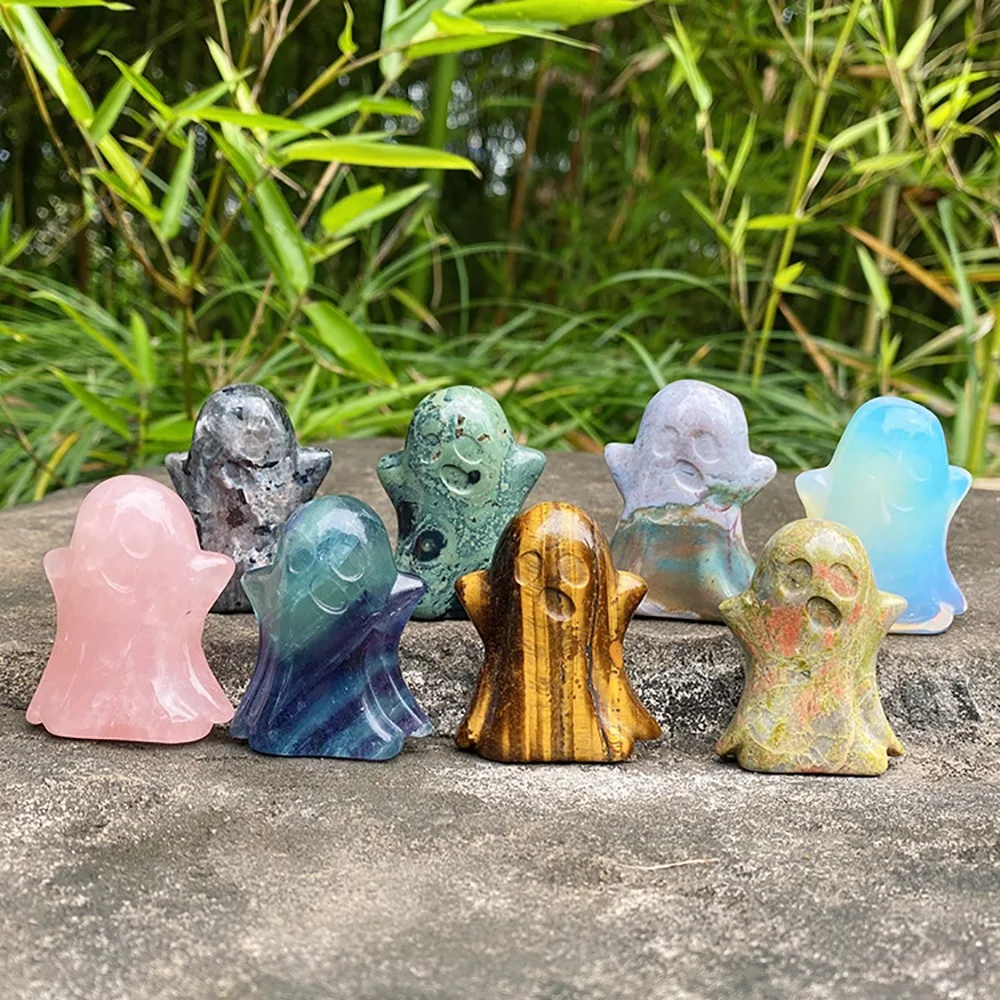2in Natural Stone Carved Halloween Ghost Statue Handcarved Healing Crystals Rose Quartz Fluorite Home Decor Craft Ornament Gift