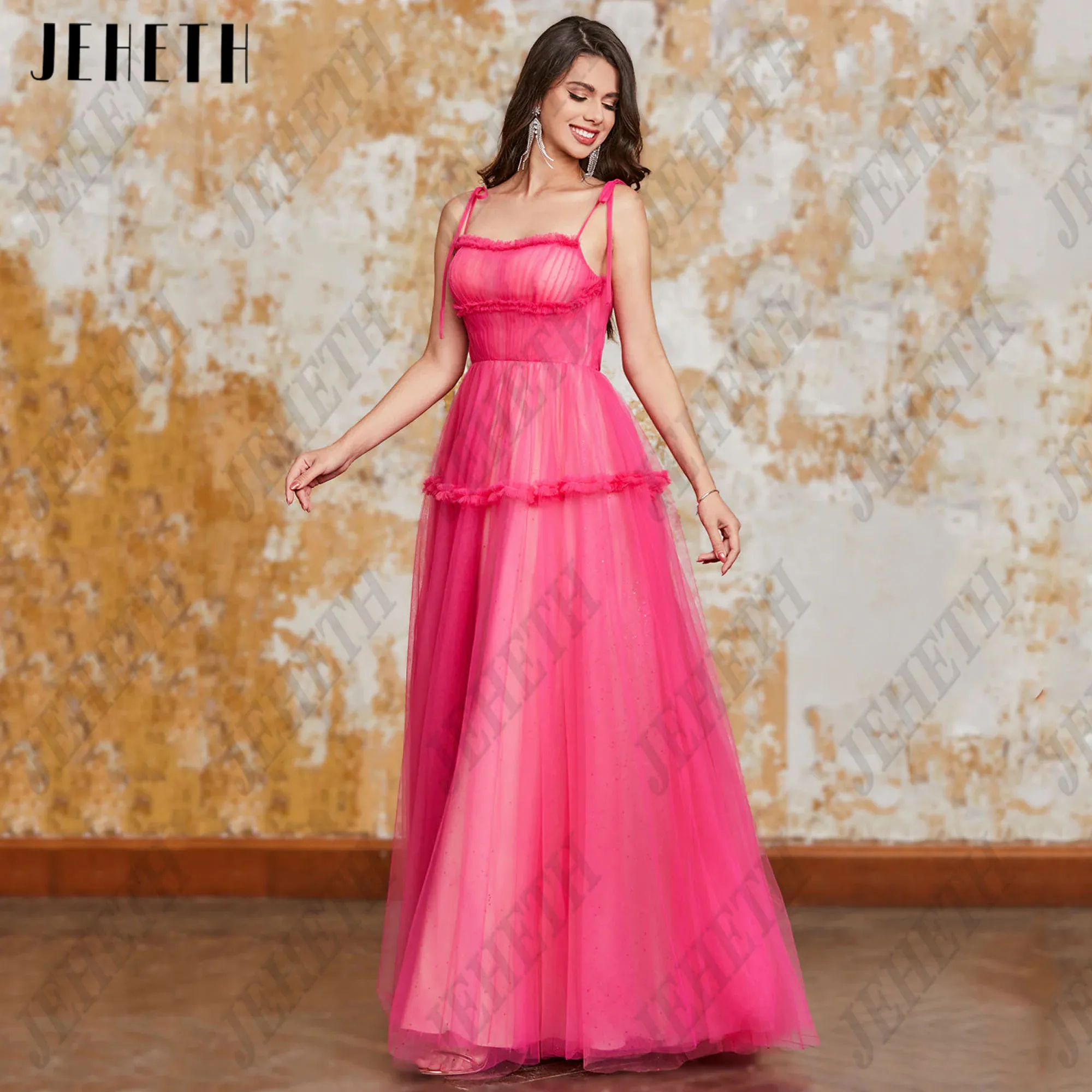 Jeheth Fee Fuschia Tüll Ballkleid Spaghetti träger A-Linie Abendkleider boden lange formelle Anlass Kleider angepasstJEHETH Fee Fuschia Tüll Ballkleid Spaghetti Träger A-Linie Abendkleider Bodenlang Formelle Anlässe Kl