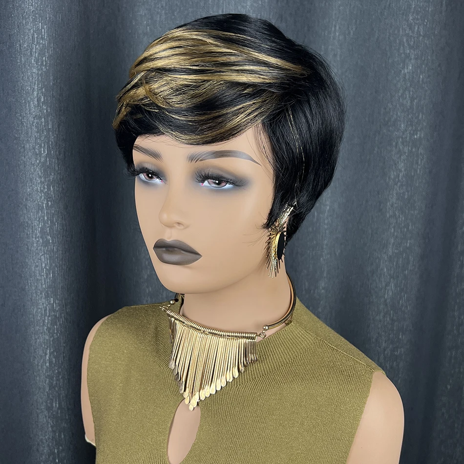 짧은 스트레이트 픽시컷 가발, 자연스러운 블랙 밥 가발, 앞머리 포함, 기계 제작 브라질 레미 인모 가발 (흑인 여성용)