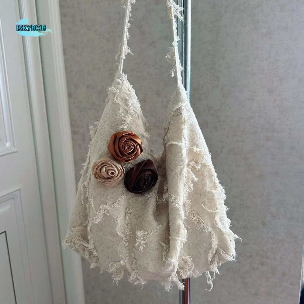 

Large Capacity Linen Jacquard Tote Bag Lightweight Cotton Bag Decorated with Roses Polyester Solid Color Flax Raw Edge Bag