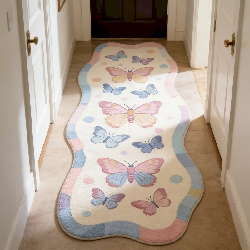 VIKAMA Wave shaped Butterfly Carpet Soft Plush Anti slip Retro Insect Printed Carpet Bedroom Bedside Home Interior Decoration