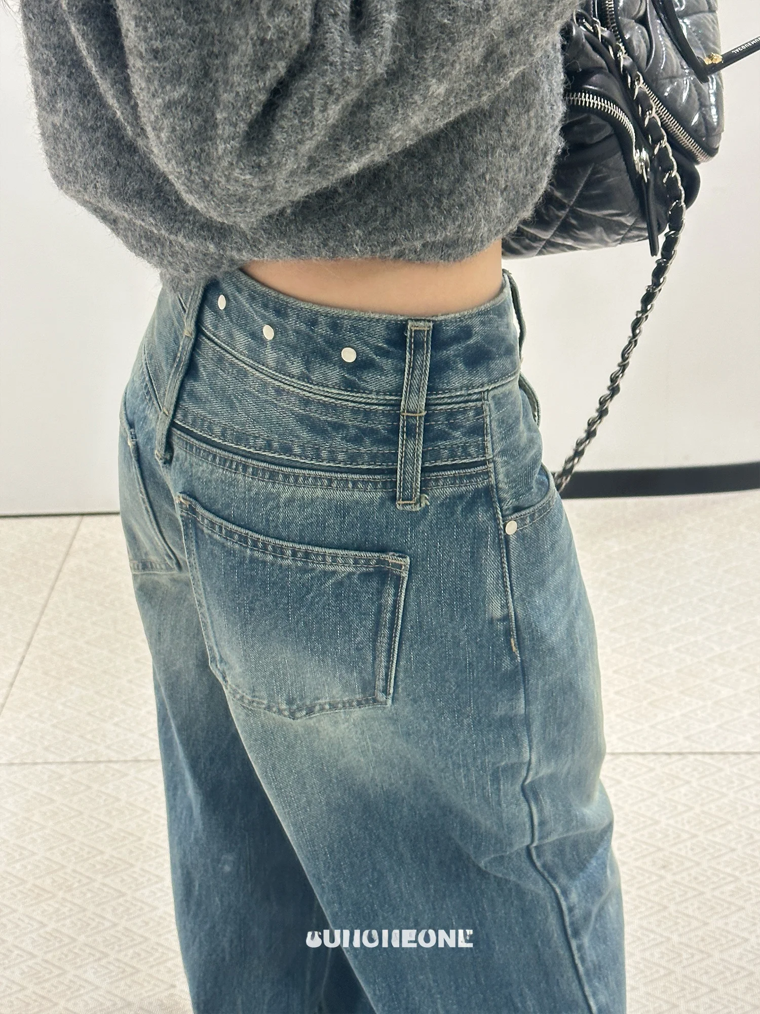 

Low Waist Wide Leg Denim Jeans Women's Spring Loose Fit Faded Design Sense Casual Pants Heavy Duty Rivet American Style Cotton