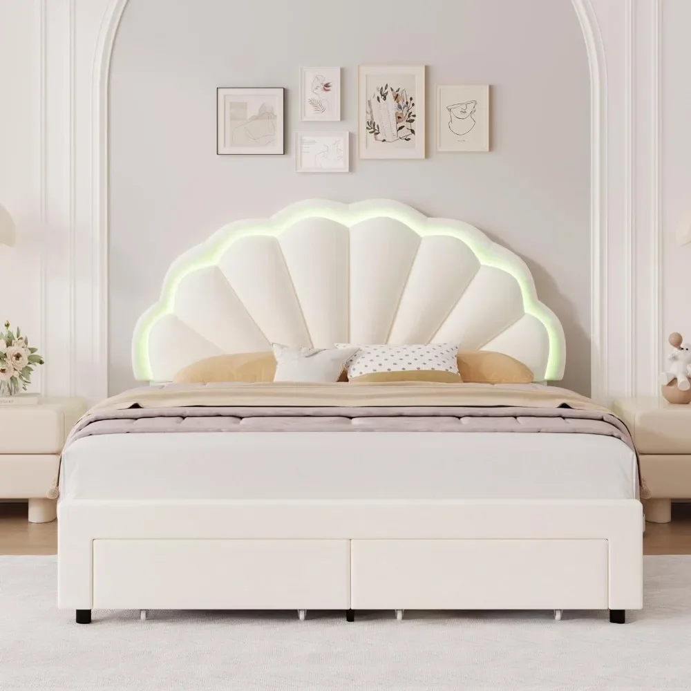 

Queen LED Bed Frame,with 2 Storage Drawers & Adjustable Headboard,with Solid Wood Slat/No Box Spring Needed,bed Frame