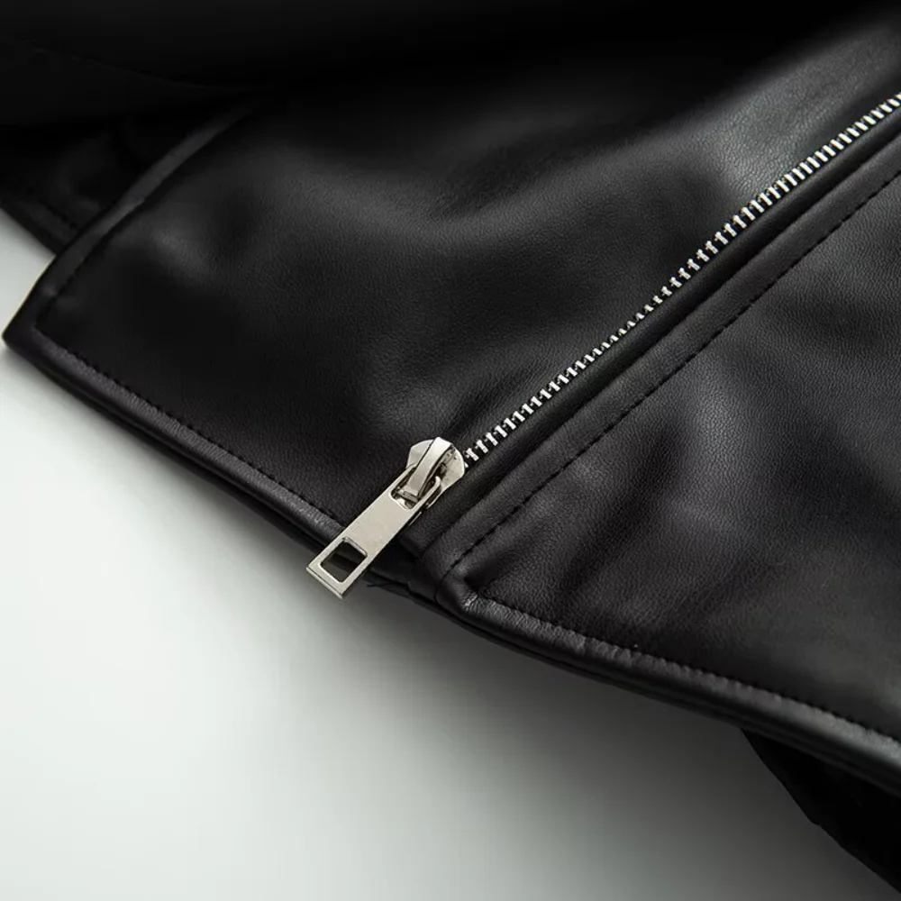 top ampio da donna in ecopelle con risvolto a maniche lunghe con cerniera tasca in vita bottone cintura autunno e inverno nuovo stile coo