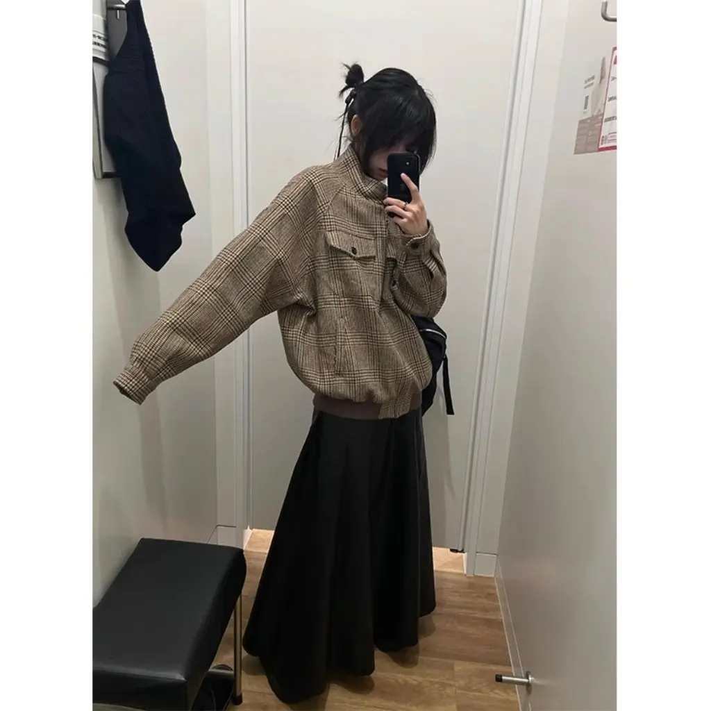 

Women's Houndstooth Harrington Jacket High-End Short Vertical Collar Cleanfit Coat Top for Autumn And Winter