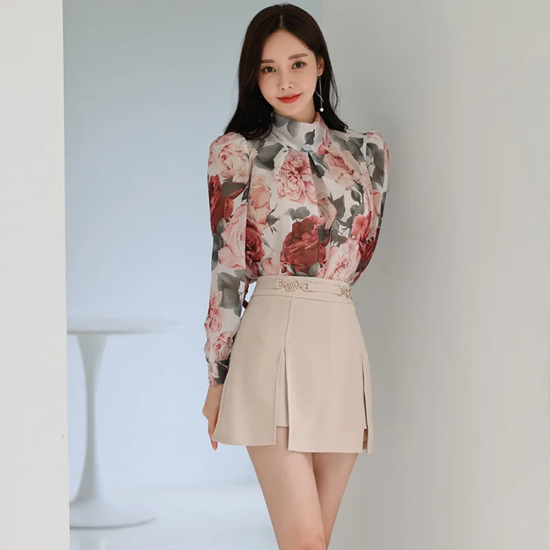 Camisa feminina retrô com estampa floral manga longa com renda e saia dividida em linha, roupa elegante da moda, conjunto casual de 2 peças, primavera, outono