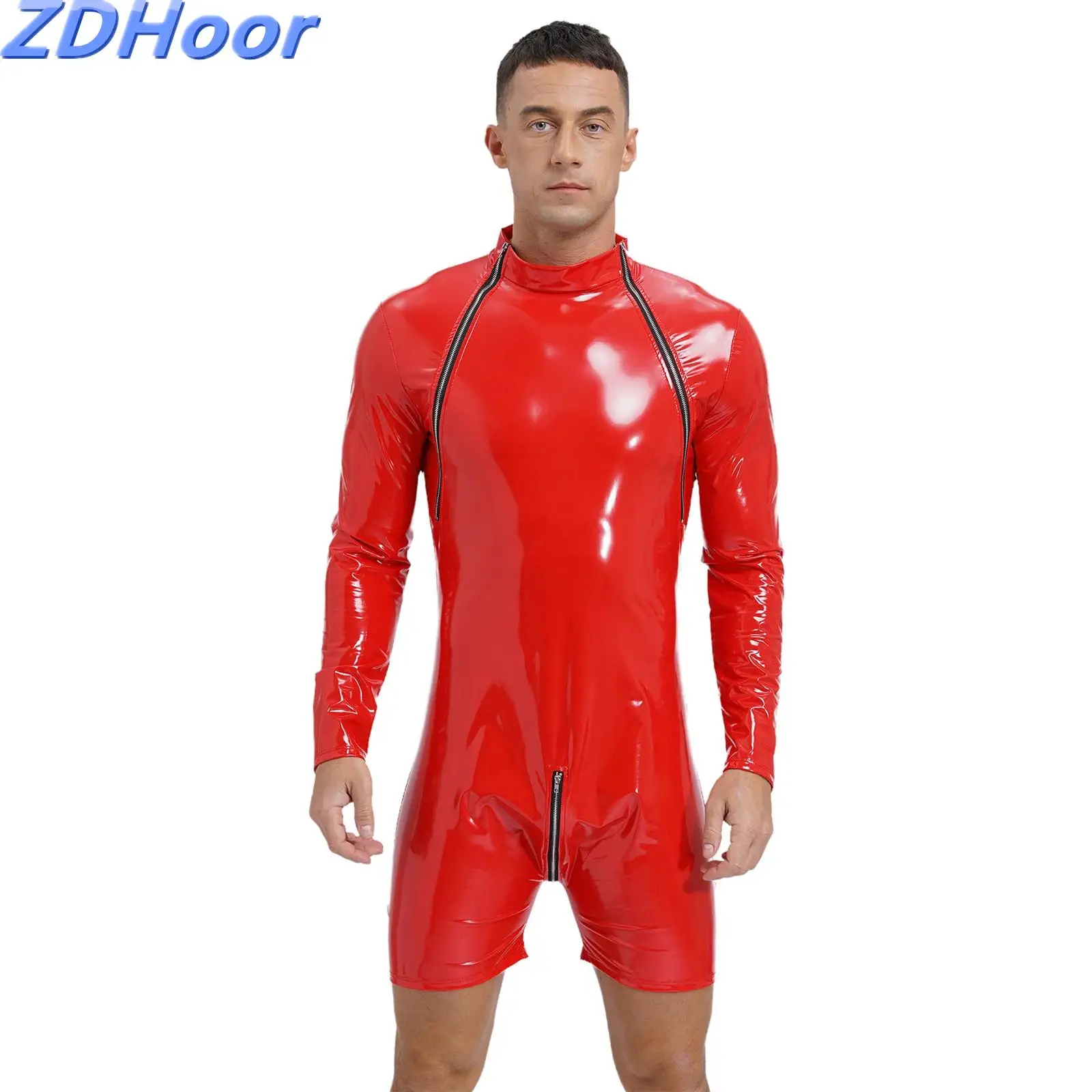 

Боди мужское из лакированной кожи, на молнии, с длинным рукавом и ложным воротником