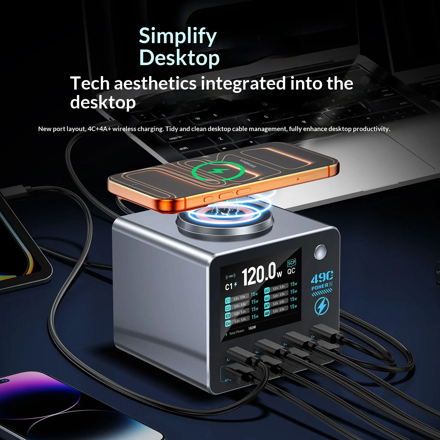 Multi-apparaat desktop oplaadstation 4C+4A+Draadloos opladen, 100W PD snellader met 2,8 inch TFT-scherm