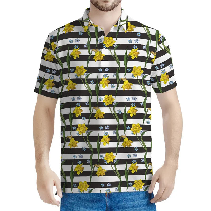 Men New Style Yellow Daffodil 3d Print Floral Polo Shirt Summer Casual Short Sleeved Oversized T-Shirt  Flower Pattern Tees Tops