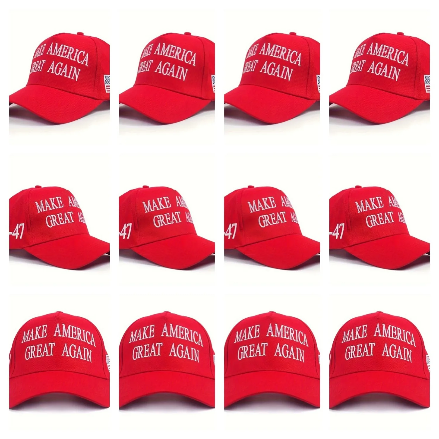 12pcs Patriotic Cotton Baseball Caps  'MAKE AMERICA GREAT AGAIN' Embroidered, Adjustable Fit, Red Hats with American Flag Design