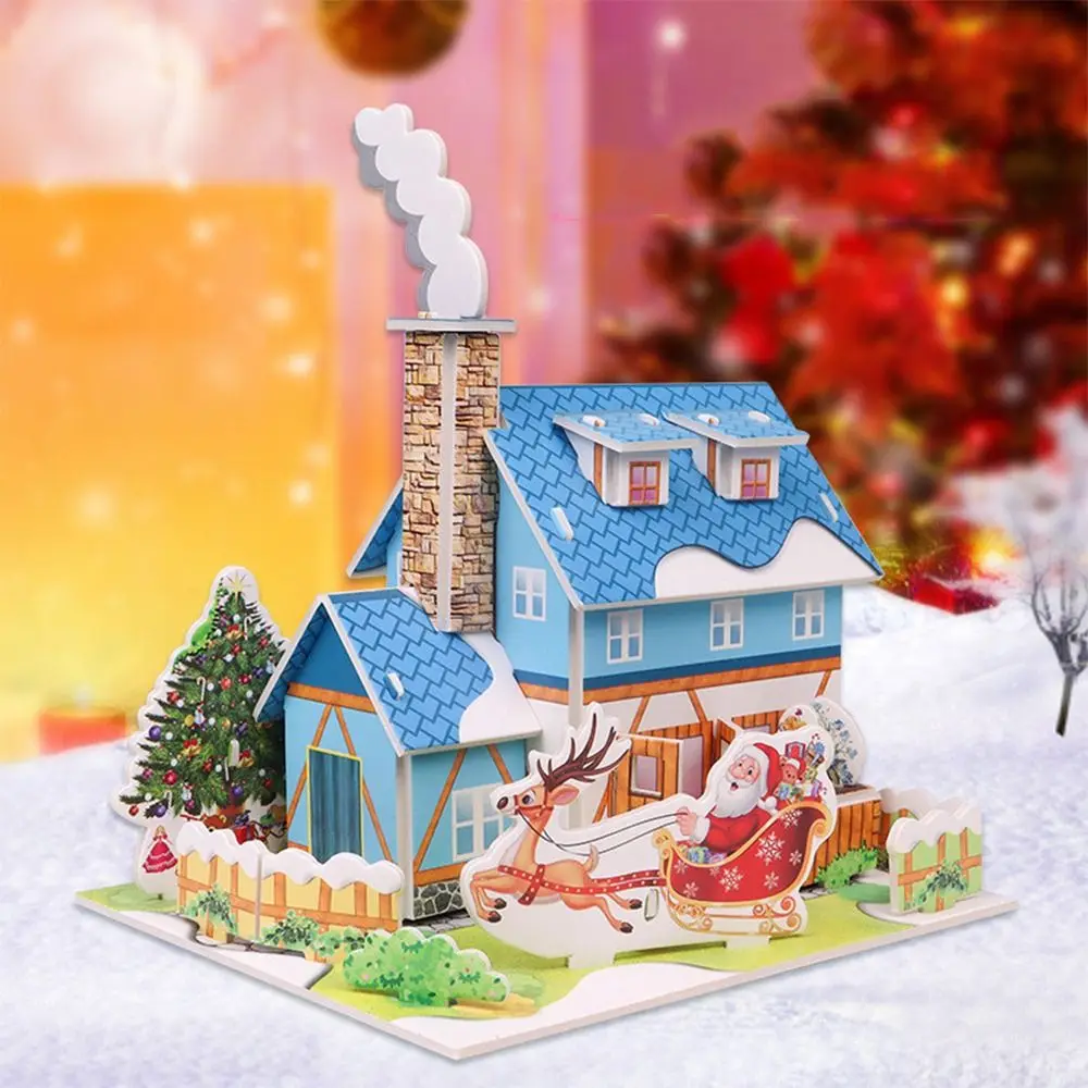 Christmas House Christmas 3D Puzzle Train Christmas Tree Paper Card Jigsaw Assembly Building Blocks DIY Children Model