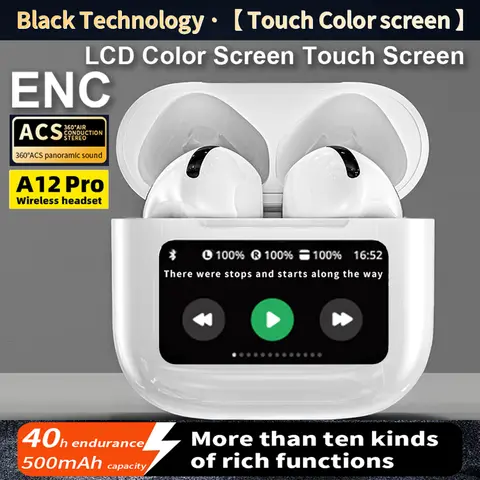 A12 Pro ENC 소음 제거 이어폰 TWS 무선 이어 버드 (터치 컨트롤 포함) LCD 화면 이퀄라이저 슈퍼베이스 프리미엄 사운드