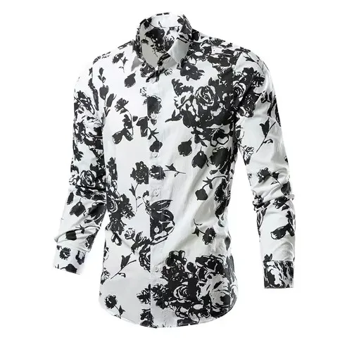 2026 Men's White  Long Sleeve Cotton Shirts, Black Printed Shirt, 22 Colors To Choose From Single-breasted Square Neck Blouse.