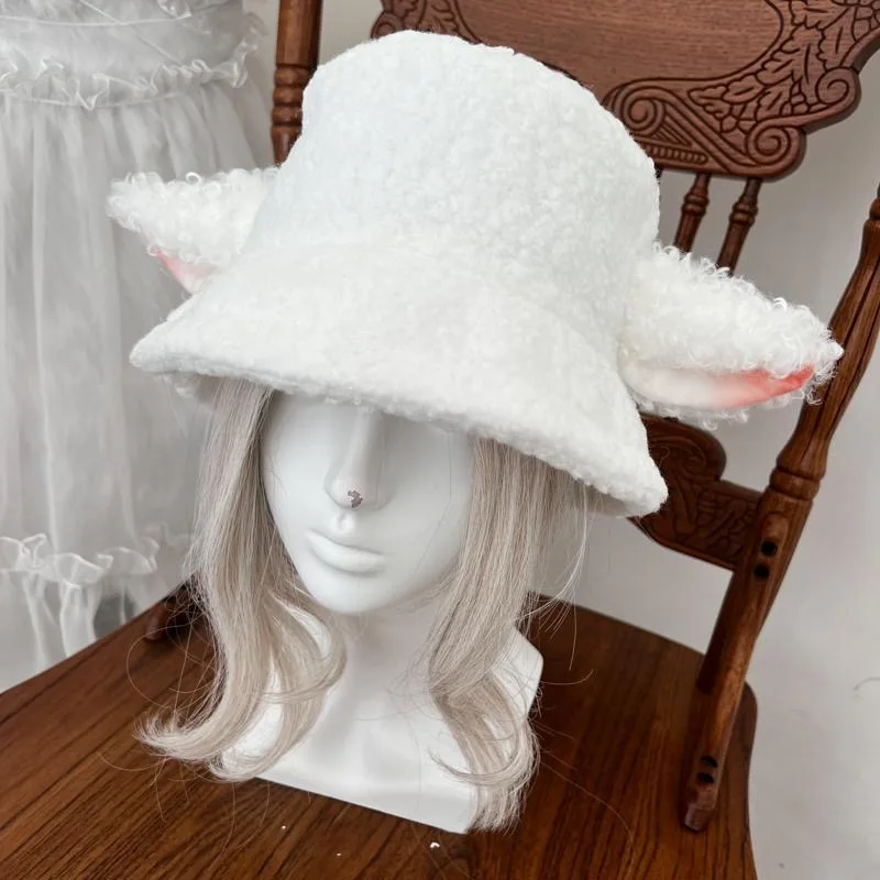 Black/White Handmade Sheep Ear Bucket Hat Lolita Sheep Cap with Ears Harajuku Sweet Girl Lambs  Ear Hat Holiday Gift